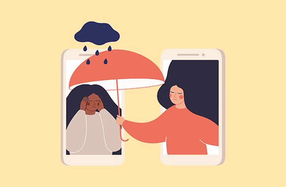Illustration of two people on phone screens one holding an umbrella for  the other.